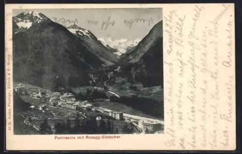 AK Pontresina, Totalansicht mit Rosegg-Gletscher aus der Vogelschau