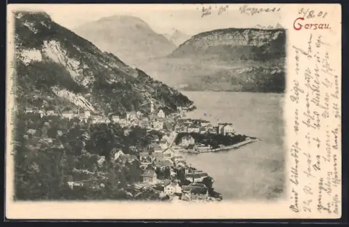 AK Gersau, Totalansicht mit Bergpanorama aus der Vogelschau