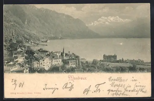 AK Montreux, Teilansicht mit Wasser- und Bergblick aus der Vogelschau