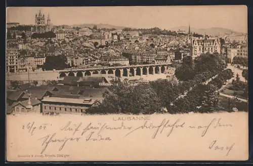 AK Lausanne, Ortsansicht mit Parkanlage und Viadukt aus der Vogelschau