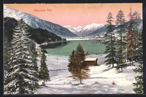 AK Davos, Davoser See mit Umgebung im Winter