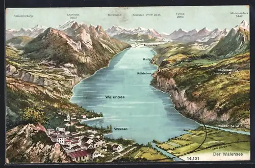 Künstler-AK Weesen, Walensee und Ort mit weiteren Ortschaften u. Bergpanorama aus der Vogelschau