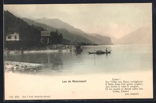 AK Walenstadt, Lac de Walenstadt, Seepartie mit Ufergebäuden und Kahn