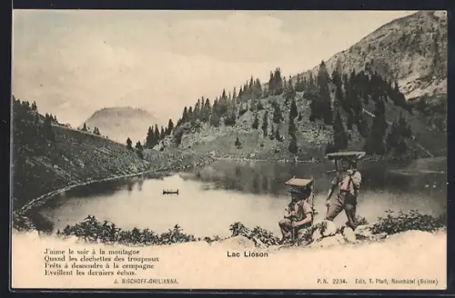 AK Ormont-Dessous, Lac Lioson, Ortsansicht mit zwei Kraxenträgern