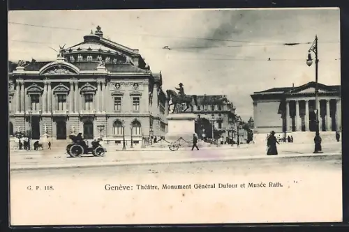 AK Genève, Theatre, Monument General Dufour et Musée Rath