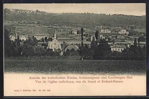 AK Leubringen-Biel, Teilansicht mit Katholischer Kirche, Strasse Schützengasse