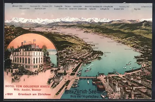 AK Erlenbach am Zürichsee, Hotel zum goldenen Kreuz, Panorama mit Horden, Thalwil und Wädenswil, Rigi, Mythen und Tödi
