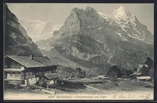 AK Grindelwald, Ortspartie mit Fiescherwand und Eiger