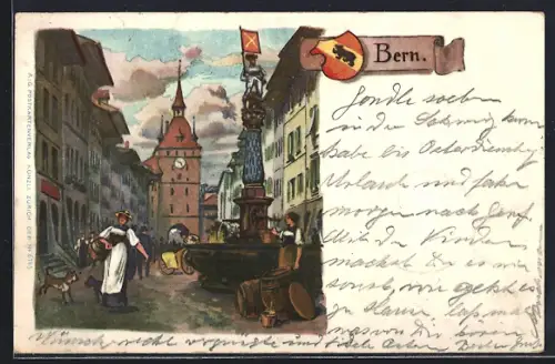 Lithographie Bern, Strassenpartie am Tor mit Brunnen