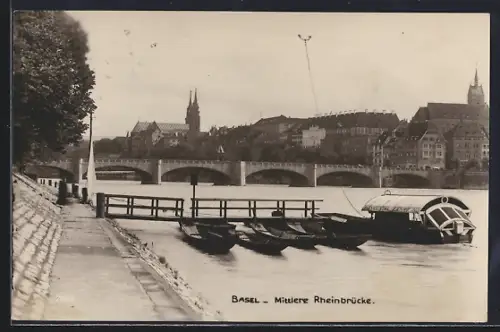 AK Basel, Mittlere Rheinbrücke mit Kirche
