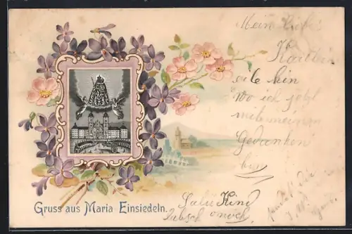 Lithographie Maria Einsiedeln, Kirche mit Gnadenbild, Landschaft, Passepartout