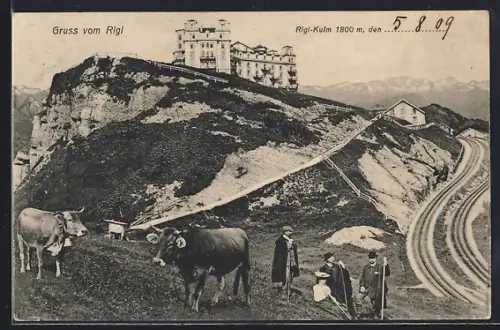 AK Rigi-Kulm, Hotel mit Wanderern und Kühen