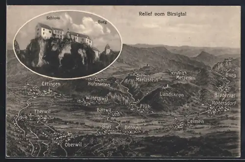 AK Burg im Leimental, Blick auf das Schloss Burg, Relief vom Birsigtal