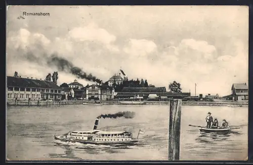 AK Romanshorn, Blick auf den Ort mit Passagierdampfer und Ruderboot