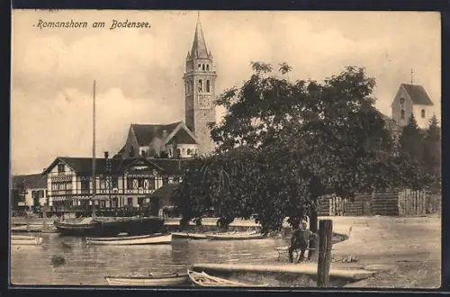 AK Romanshorn am Bodensee, Blick auf den Hafen und die Kirche