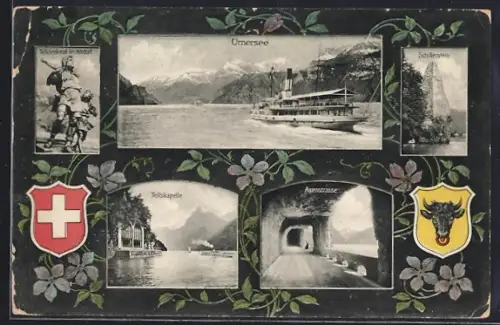 AK Altdorf, Telldenkmal, Partie am Umersee, Tellskapelle und Axenstrasse, Passepartout mit Wappen