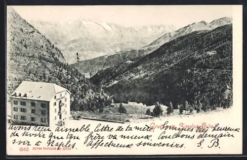 AK Simplon-Kulm, Hotel Belle Vue in alpiner Landschaft