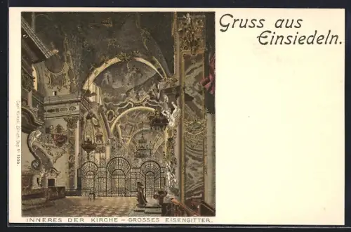 AK Einsiedeln, Inneres der Kirche mit grossen Eisengittern
