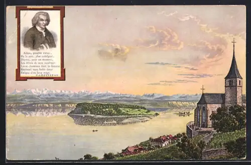 AK Gléresse, L`Eglise, les Alpes bernoises et l`Ile de St-Pierre