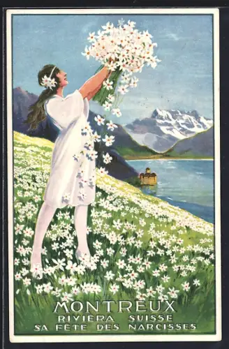 Künstler-AK Montreux, Riviera Suisse Sa Fête des Narcisses, Frau mit Blumenstrauss