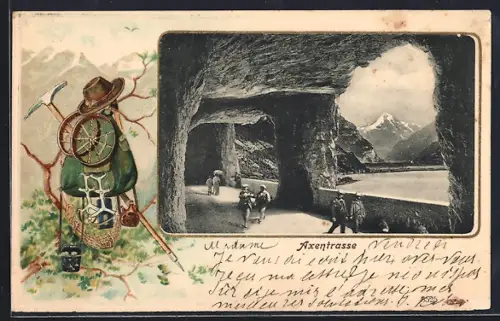 Präge-AK Axenstrasse, Blick auf den See, Passepartout mit Bergsteigerausrüstung