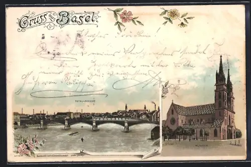 Lithographie Basel, Partie am Münster, Totalansicht vom Ort