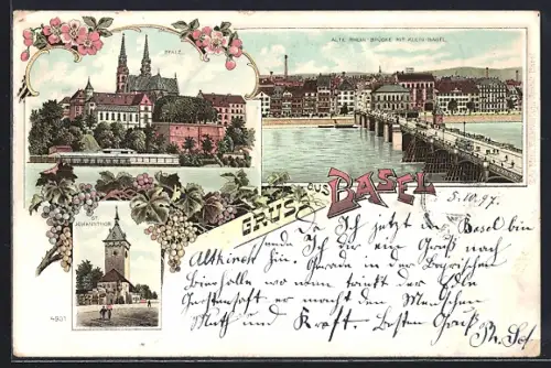 Lithographie Basel, Rheinbrücke mit Klein-Basel, Pfalz, St. Johannisthor