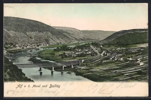 AK Alf a. d. Mosel, Moselbrücke, Flusslandschaft, Ortsansicht