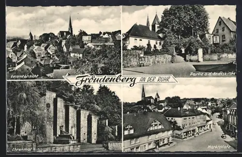 AK Fröndenberg an der Ruhr, Gesamtansicht, Ehrenmal, Marktplatz, Partie an der Stiftskirche