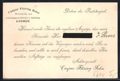 AK Barmen, Caspar Flöring Sohn, Türkischroth- und Indigoblaugarn-Färberei u. Handlung