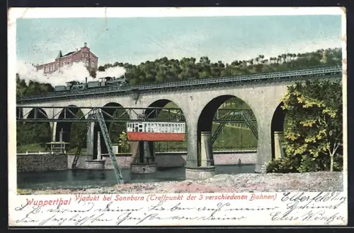 AK Wuppertal, Viadukt bei Sonnborn, Treffpunkt der 3 verschiedenen Bahnen