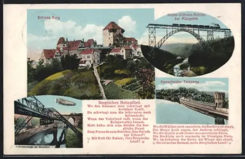 AK Burg / Wupper, Schloss Burg, Kaiser-Wilhelm-Brücke Müngsten, Talsperre Remscheid, Schwebebahn & Zeppelin Luftschiff
