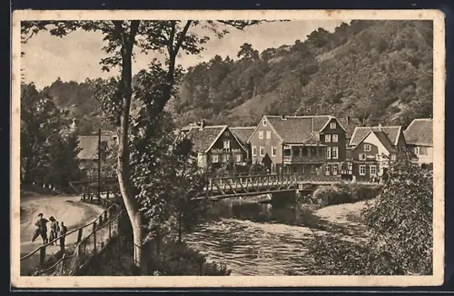 AK Burg a. d. Wupper, Brücke über die Wupper mit Gasthaus