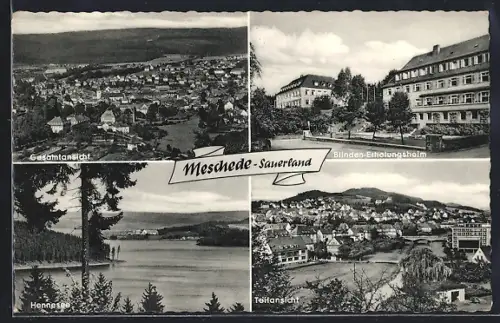 AK Meschede /Sauerland, Gesamtansicht, Blinden-Erholungsheim, Hennesee, Teilansicht