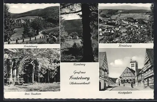 AK Fredeburg /Hochsauerland, Rimberg, Drei Buchen, Kirchplatz, Ortsansichten