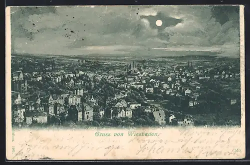 AK Wiesbaden, Stadtansicht bei Nacht