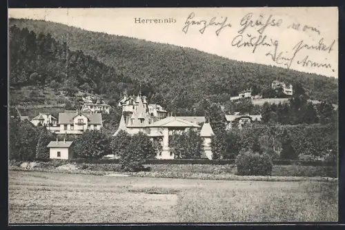 AK Herrenalb, Ortsansicht mit Villen und bewaldeten Hügeln