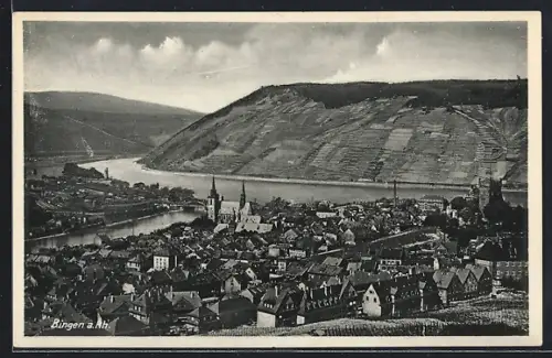 AK Bingen a. Rh., Stadtansicht mit Rhein und Weinbergen