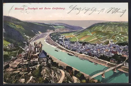 AK Trarbach, Ruine Gräfenburg, Moselbrücke, Ortsansicht