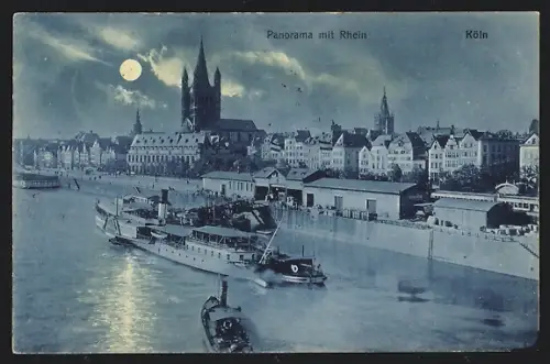 AK Köln, Panorama mit Rhein bei Mondschein