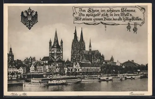 AK Köln a. Rh., Panorama mit Kirche und Dampfern