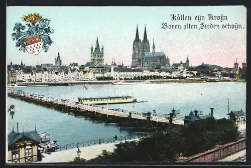 AK Köln, Uferpartie mit Dom und Brücke, Wappen