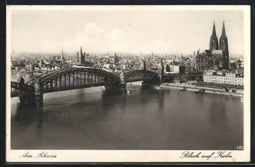 AK Köln, Rheinpartie mit Brücke und Dom