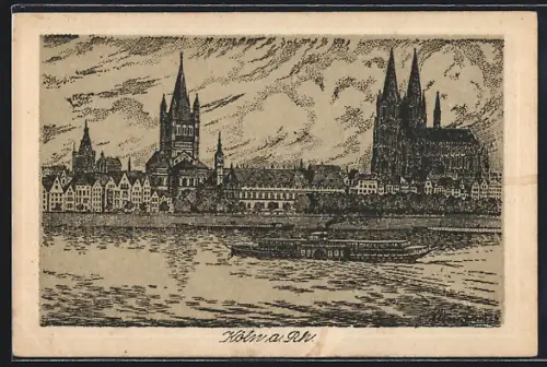 Künstler-AK Köln a. Rh., Partie zwischen den Brücken mit Dom