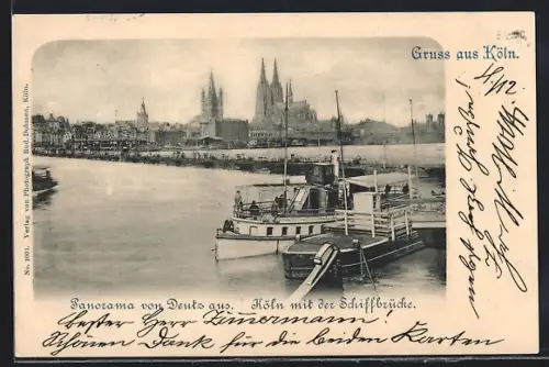 AK Köln, Panorama mit der Schiffbrücke von Deutz aus