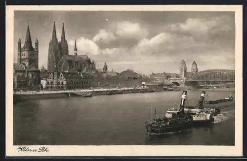 AK Köln a. Rh., Uferpartie mit Dom