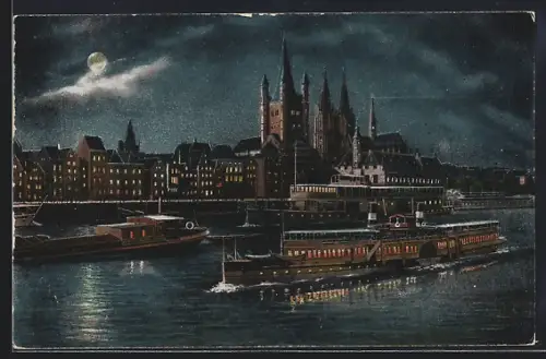 AK Köln a. Rh., Uferpartie mit Dom bei Mondschein