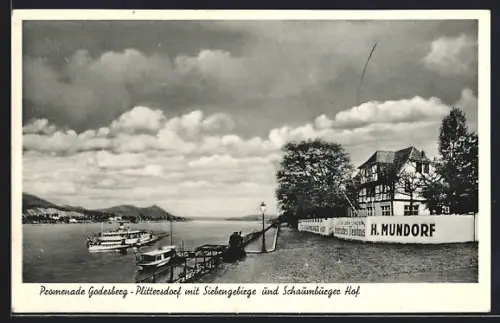 AK Godesberg-Plittersdorf, Promenade mit Siebengebirge und Hotel Schaumburger Hof