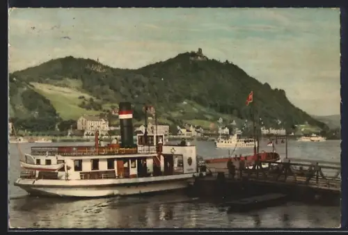 AK Königswinter am Rhein, Burg Drachenfels mit Dampfer