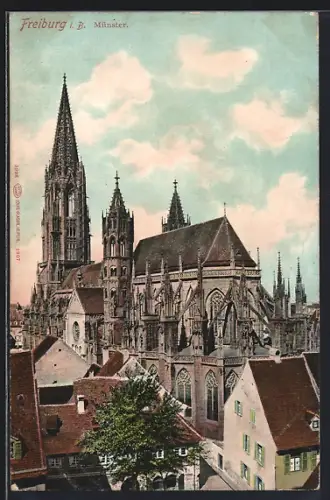 AK Freiburg / Breisgau, Münster mit umliegenden Häusern